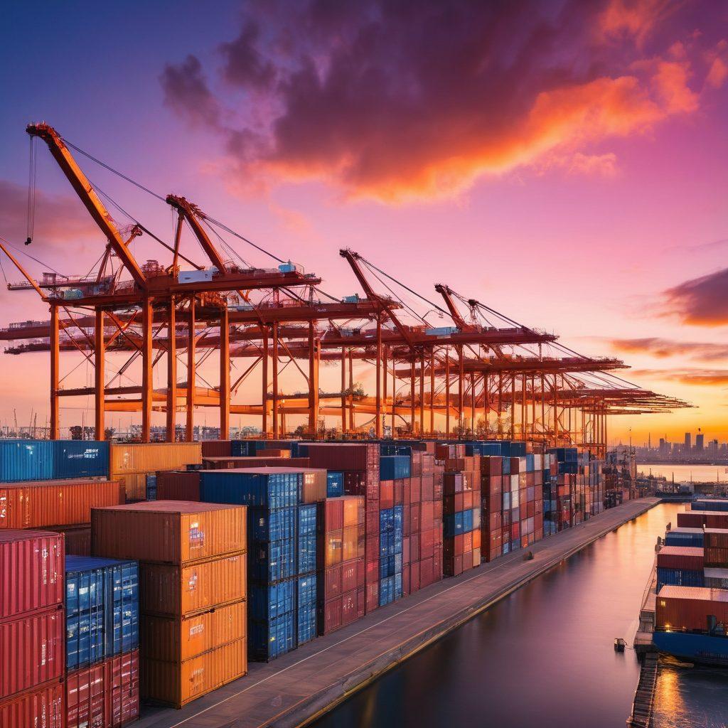 A dynamic harbor scene showcasing modern shipping containers and cranes in action, with a futuristic skyline in the background. Include a digital overlay of trends like automation, sustainability, and advanced technology in shipping, represented by icons or symbols. Bright skies with a hint of sunset to evoke a sense of hope and progress. super-realistic. vibrant colors.
