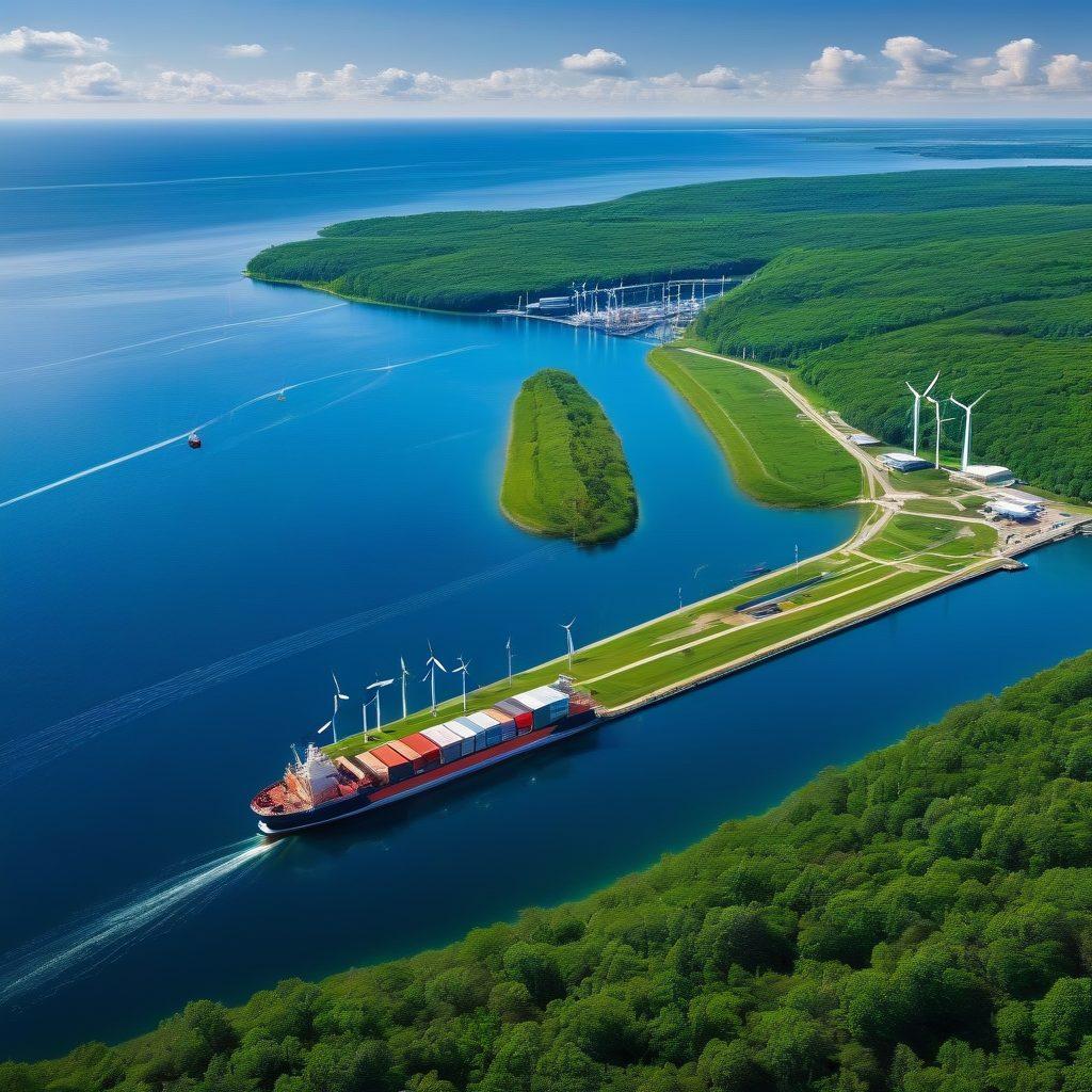A futuristic shipping landscape in the Great Lakes Region, showcasing advanced cargo ships navigating clear blue waters, surrounded by lush green shores. Include innovative port facilities with cranes and automated systems, and a skyline featuring smart buildings. Illustrate the integration of technology with waterway transport, highlighting renewable energy sources like wind turbines and solar panels. Emphasize a harmonious balance between nature and technology. super-realistic. vibrant colors. panoramic view.